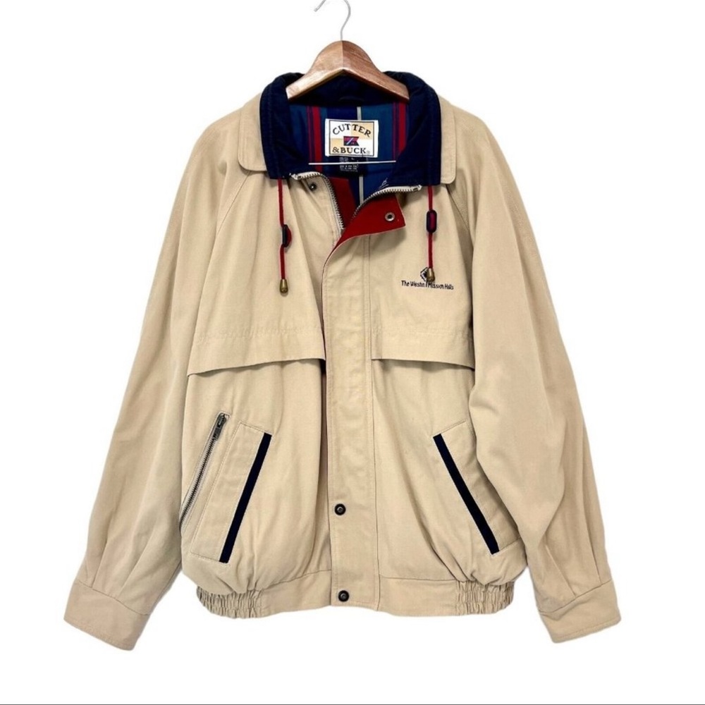 Vintage Men’s Cutter & Buck Jacket Large Tan Country Club Multi pocket Coat